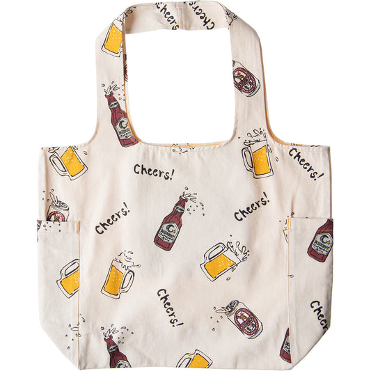啤酒圖案市集帆布袋|POP 風格 × 輕便環保袋|48cm 大容量購物包