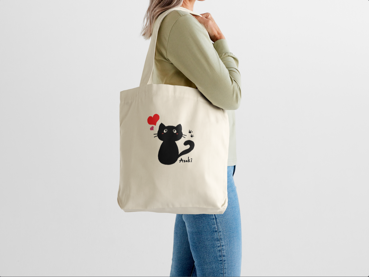 【約10天出貨】黑貓與愛心帆布袋|黒猫とハート|可愛貓咪 × 愛心肉球主題插圖|本大屋原創設計