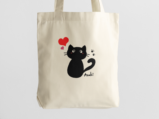 【約10天出貨】黑貓與愛心帆布袋｜黒猫とハート｜可愛貓咪 × 愛心肉球主題插圖｜本大屋原創設計