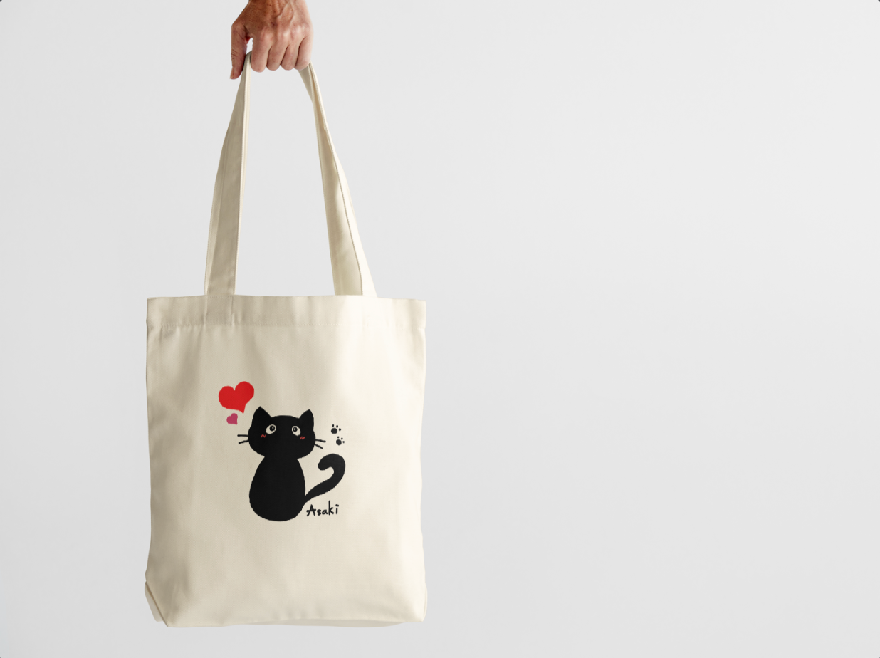 【約10天出貨】黑貓與愛心帆布袋｜黒猫とハート｜可愛貓咪 × 愛心肉球主題插圖｜本大屋原創設計