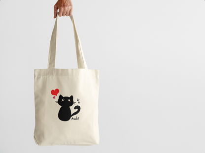 【約10天出貨】黑貓與愛心帆布袋｜黒猫とハート｜可愛貓咪 × 愛心肉球主題插圖｜本大屋原創設計